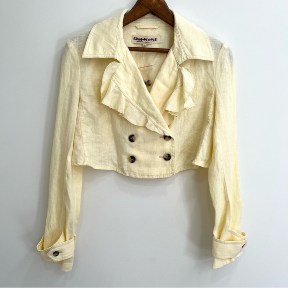 Free People Crossover Back Bennie Linen Double Breasted Blazer Butter Yellow - Picture 3 of 11